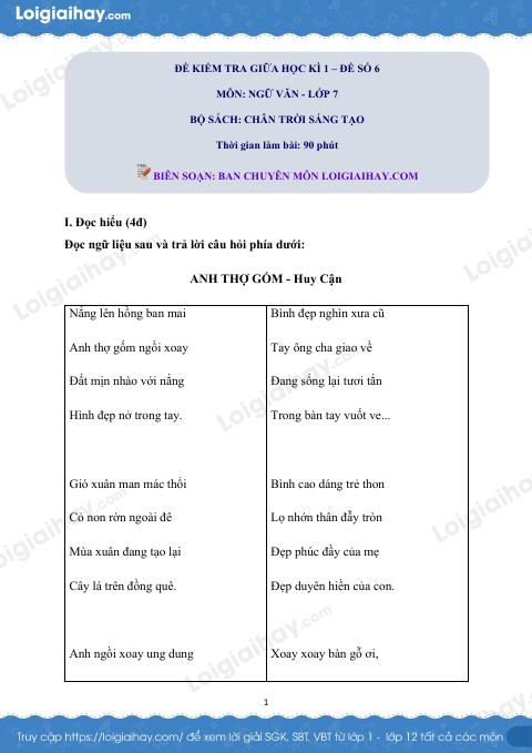 Đề thi giữa kì 1 Văn 7 Chân trời sáng tạo - Đề số 6
